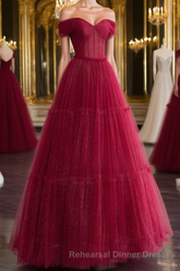 Burgundy A-line Off Shoulder Tulle Shiny Long Semi Formal Prom Dress